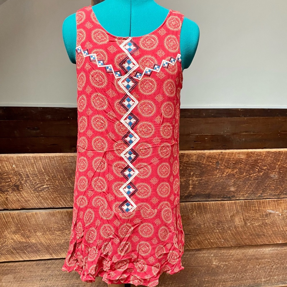 THML Embroidered Boho Tunic Mini Trapeze Dress